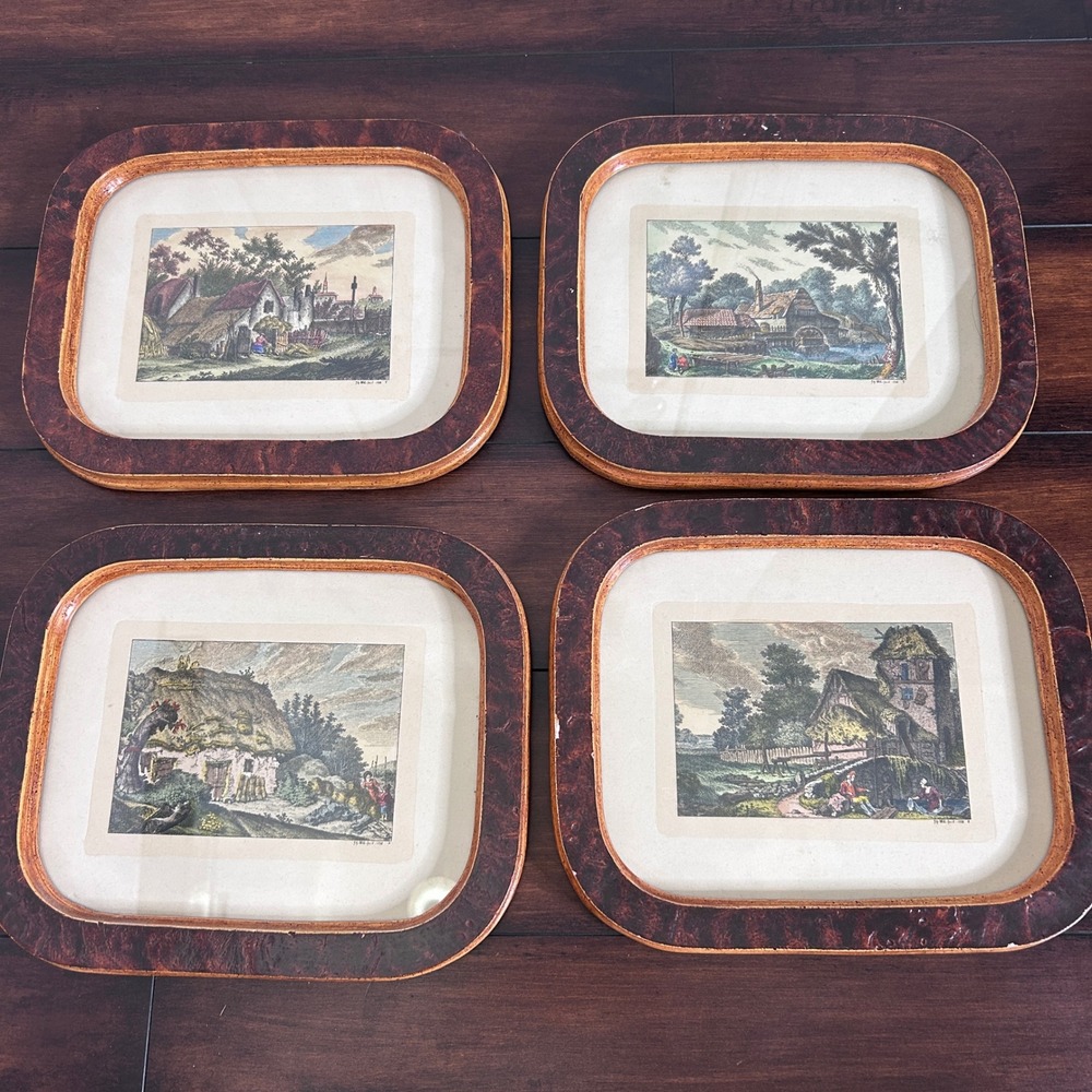Soicher-Marin Landscape Prints Set of 4 Brown Burl Frame Good Traditional Art